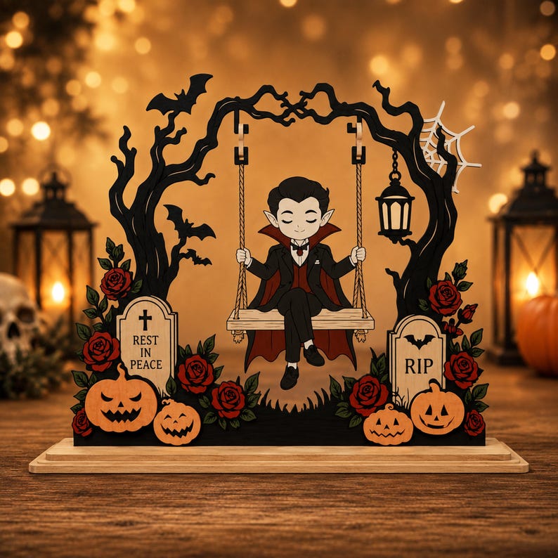Pu&ograve; includere: Una decorazione in legno con un vampiro dei cartoni animati seduto su un'altalena appesa a rami d'albero neri. La scena include due lapidi con le scritte "REST IN PEACE" e "RIP", zucche arancioni, rose rosse, pipistrelli e una lanterna.