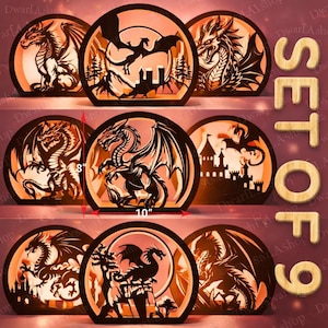 May include: Set of nine decorative dragon-themed lamps. Each lamp features a laser-cut dragon design within a circular frame, with a warm, orange glow. The lamps are approximately 8 inches tall and 10 inches wide, creating a fantasy ambiance.