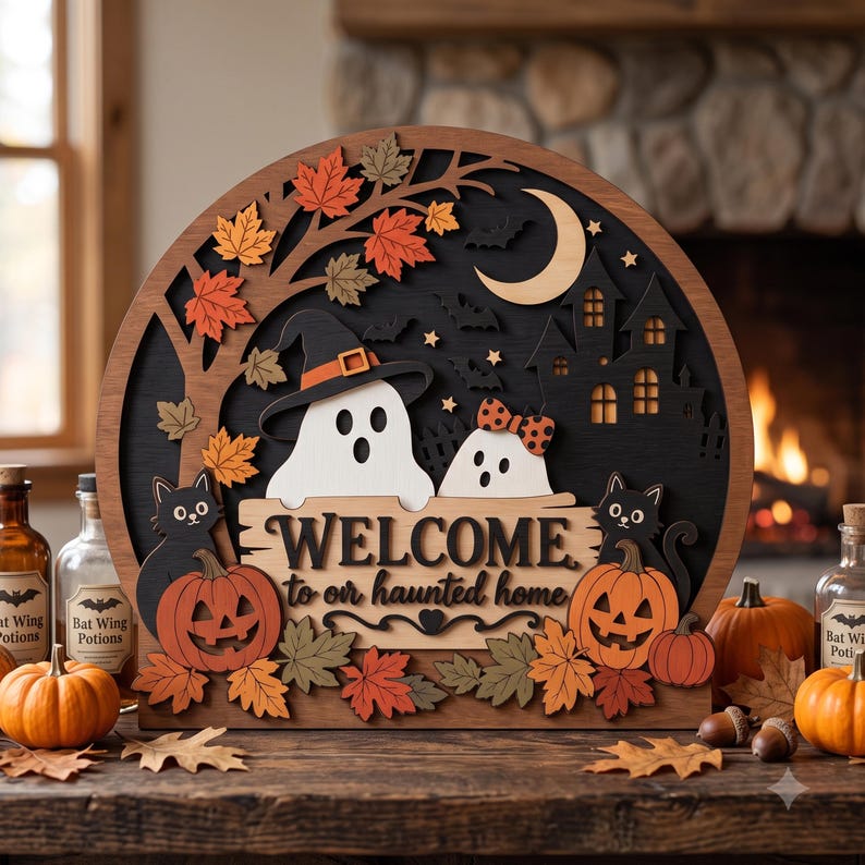 May include: A semi-circular wooden sign featuring layered cutouts of two ghosts, one wearing a hat, two black cats, pumpkins, and autumn leaves. The sign displays the text "WELCOME to our haunted home" with a crescent moon and a dark house silhouette in the background.
