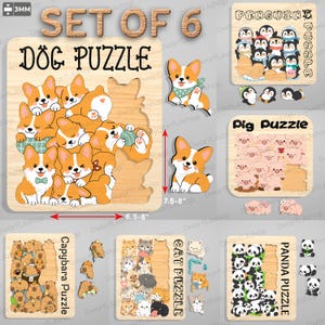 May include: A set of six wooden animal puzzles featuring dogs, penguins, pigs, capybaras, cats, and pandas. Each puzzle board displays cartoon illustrations of animals with text labels. Red arrows indicate dimensions of 16.5-20.3 cm by 19-20.3 cm.