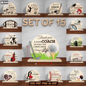 May include: A set of 15 wooden coach appreciation gifts. Each features a sports-related design, such as a football, basketball, or golf ball, with the text "Thank you COACH, A GREAT COACH can change a life."
