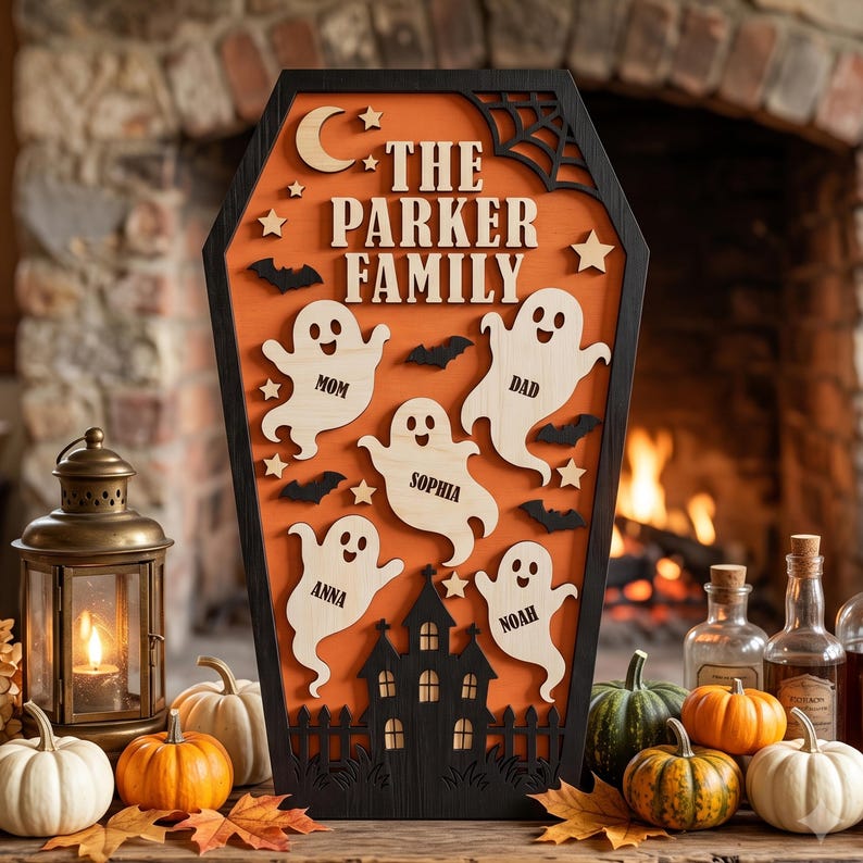 May include: A coffin-shaped wooden sign with an orange background, black border, and a black haunted house silhouette at the bottom. It features a crescent moon, stars, spiderwebs, bats, and five ghost cutouts labelled Mom, Dad, Sophia, Anna, and Noah.