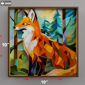 Puede incluir: Una obra de arte enmarcada que representa un zorro estilizado en un entorno forestal. El zorro, con pelaje naranja, blanco y negro, se encuentra sobre un fondo de árboles en tonos verdes, azules y amarillos. La obra mide 25,4 cm por 25,4 cm.