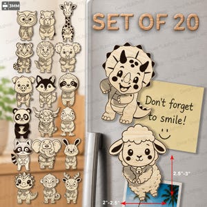 May include: A set of 20 light-coloured wooden animal magnets featuring cartoon designs of a triceratops, sheep, owl, giraffe, tiger, lion, koala, pig, fox, sloth, panda, yak, duck, raccoon, elephant, rabbit, dragon, monkey, and deer, measuring 6.35 to 7.62 cm.