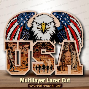 May include: A wooden multilayer laser-cut artwork featuring a bald eagle with wings in red, white, and blue. The word "USA" is formed with images of historical figures, landmarks, and soldiers. The text "Multilayer Lazer Cut" is at the bottom.