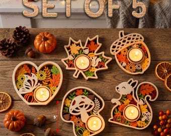 Fall Candle Holder SVG Bundle, Autumn Tealight Holder Cut Files, Layered Leaf Acorn Mushroom Squirrel Decor, Thanksgiving Centerpiece /D99