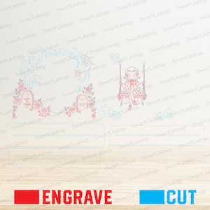 Pu&ograve; includere: Un modello di design digitale con linee rosse di un vampiro seduto su un'altalena, lapidi e rose, insieme a linee blu di una cornice ad albero e zucche. Il layout include fessure rettangolari per la base per l'assemblaggio e etichette.