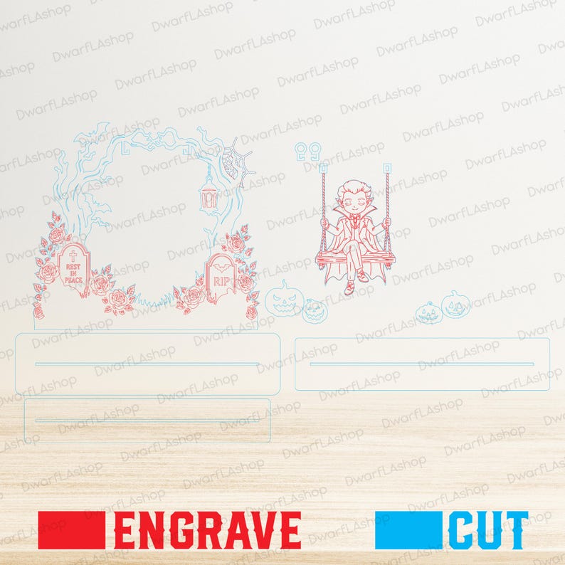 Pu&ograve; includere: Un modello di design digitale con linee rosse di un vampiro seduto su un'altalena, lapidi e rose, insieme a linee blu di una cornice ad albero e zucche. Il layout include fessure rettangolari per la base per l'assemblaggio e etichette.