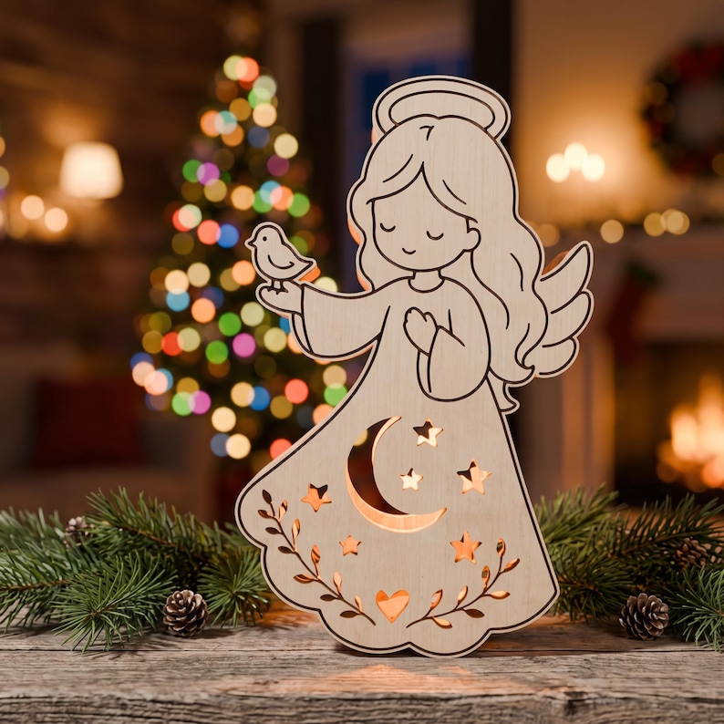May include: A light-colored wooden cutout of an angel with a halo, long hair, and wings. The angel holds a small bird in one hand. The dress features cutouts of a crescent moon, several stars, a heart, and leafy vine patterns throughout.