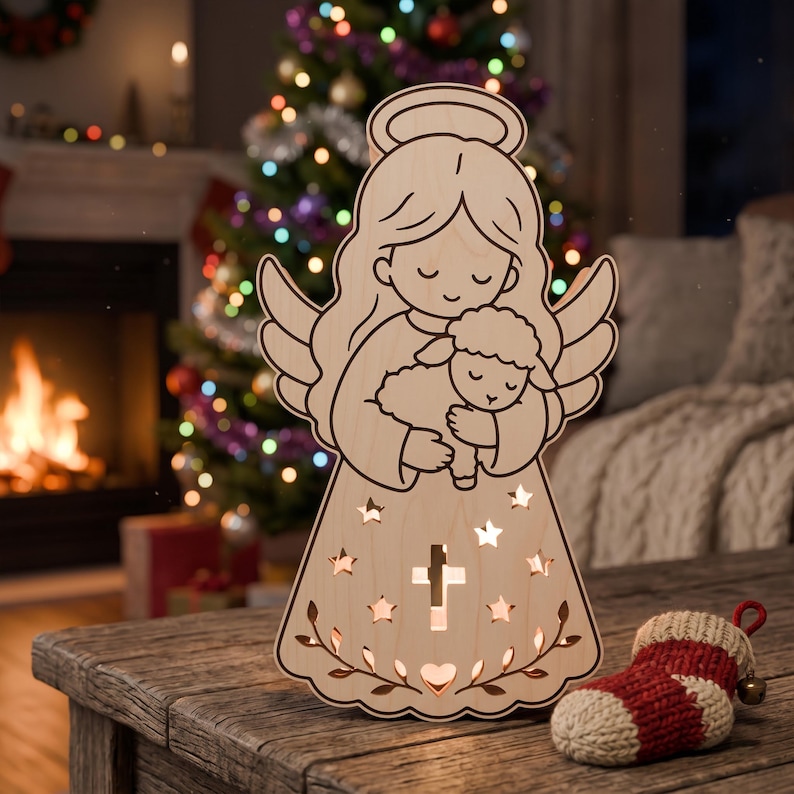 May include: A light-colored wooden cutout of an angel holding a small lamb. The angel features a halo, wings, and a dress decorated with star-shaped cutouts, a central cross cutout, and a heart cutout at the bottom with leaf-like vine engravings.