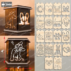 May include: A black wooden lantern with dog silhouette cutouts, measuring 4 inches in height and width, and 3mm thick. The image also shows various wooden cutouts with dog-themed designs, including paw prints, hearts, and dog breeds.