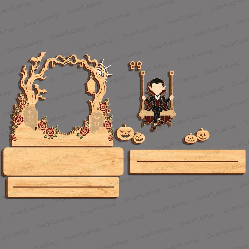 Pu&ograve; includere: Un set decorativo di Halloween in legno tagliato al laser con un grande arco di alberi spogli, rose rosse, una ragnatela e due lapidi con la scritta RIP e Rest in Peace. Include una figura di vampiro su un'altalena, quattro zucche e due basi.