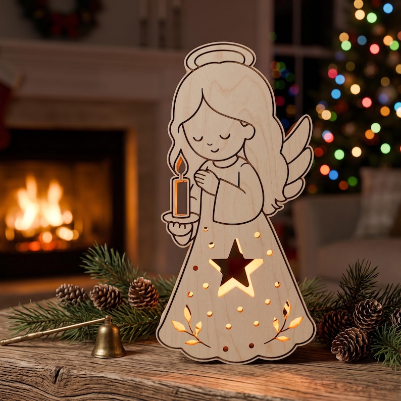 May include: A light-colored wooden angel cutout featuring a halo, long hair, and closed eyes. The angel holds a lit candle, and the dress is decorated with a star-shaped cutout and small leaf patterns that emit a warm, glowing light from within.