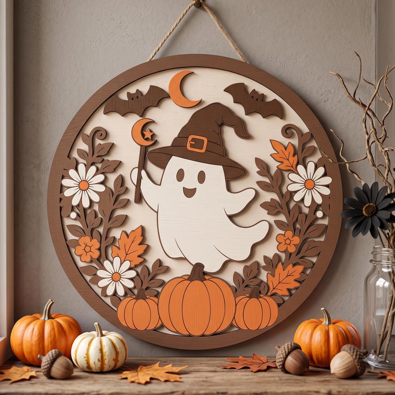 May include: A circular wooden wall sign featuring a layered design of a white ghost wearing a brown witch hat, holding a crescent moon wand. The scene includes orange pumpkins, brown bats, and white flowers with orange centres, all framed by a dark brown border.