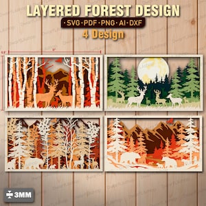 Puede incluir: Cuatro obras de arte de diseño forestal en capas. Cada diseño presenta una escena forestal diferente con árboles, ciervos, osos y montañas. Las obras de arte están en marcos rectangulares, de 30,5 cm por 17,3 cm, y tienen un grosor de 3 mm.