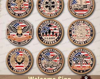 May include: Nine wooden welcome signs with diverse designs, such as a firefighter emblem, a search and rescue symbol, and a medical personnel emblem. Each sign features patriotic colours and text. The bottom of the image reads "Welcome Sign" and "9 Design."