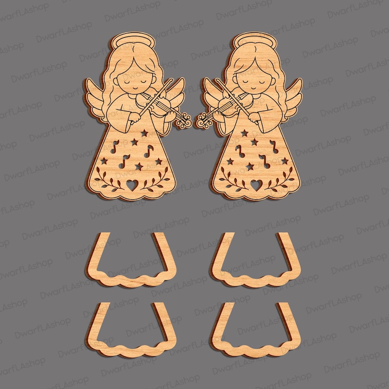 May include: Two light-colored wooden angel cutouts, each playing a violin. The angel dresses feature laser-cut stars, musical notes, and a heart at the hem. Four separate wavy-edged wooden base pieces are included for standing the figures.