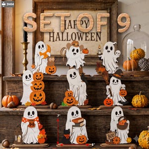 Halloween Ghost Shelf Sitter Bundle, Set Of 9 Spooky Wooden Stand Decor, Cute Ghost Sign SVG, Laser Cut File Digital Download  /D112