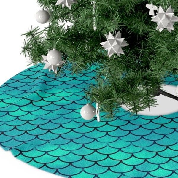 Mermaid Scales Christmas Tree Skirt | Aqua Blue Fleece Tree Skirt | Beach Lover Christmas Tree Skirt