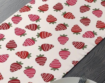 Valentine's Day Retro Style Table Runner (Cotton or Poly) | Red Strawberry Dessert Table Decoration