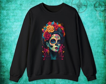 Dia de Los Muertos Halloween Crewneck Unisex Neon Colors Black Sweatshirt