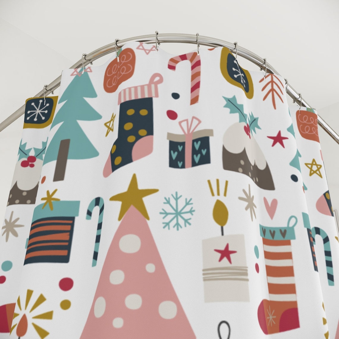 Colorful Cute Christmas Shower Curtain Boho Christmas Bath Etsy