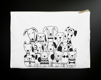 Cute Pups Black and White Zipped Pouch | Cute Puppy Pencil Bag | Dog Lover Makeup Bag