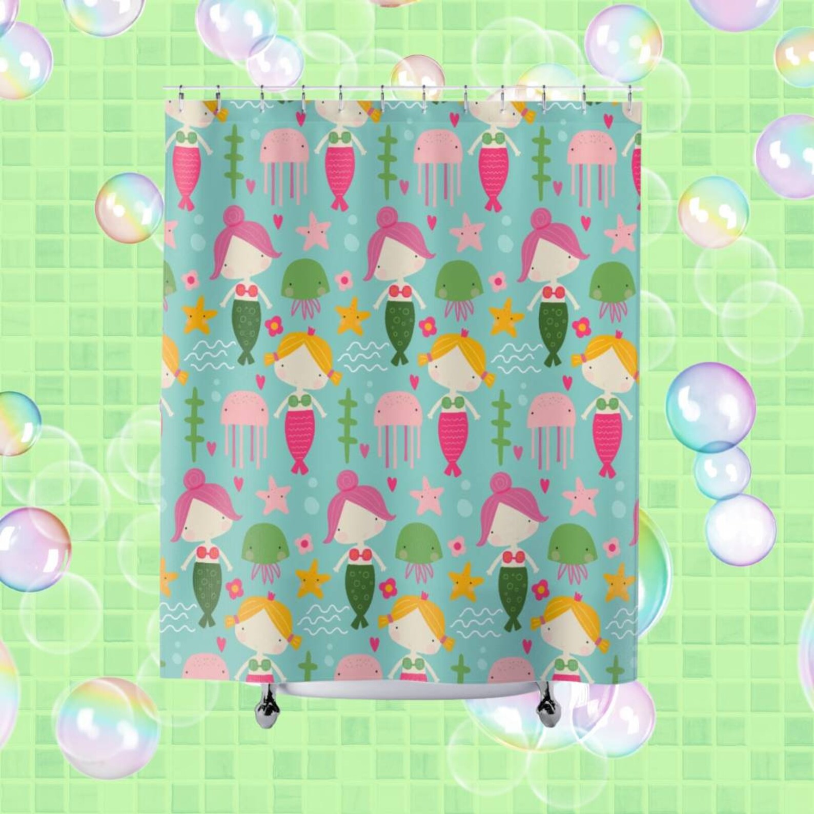 Cute Mermaid Shower Curtain Jellyfish Decor Girly Shower Etsy