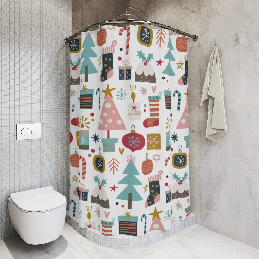 Colorful Cute Christmas Shower Curtain Boho Christmas Bath Etsy