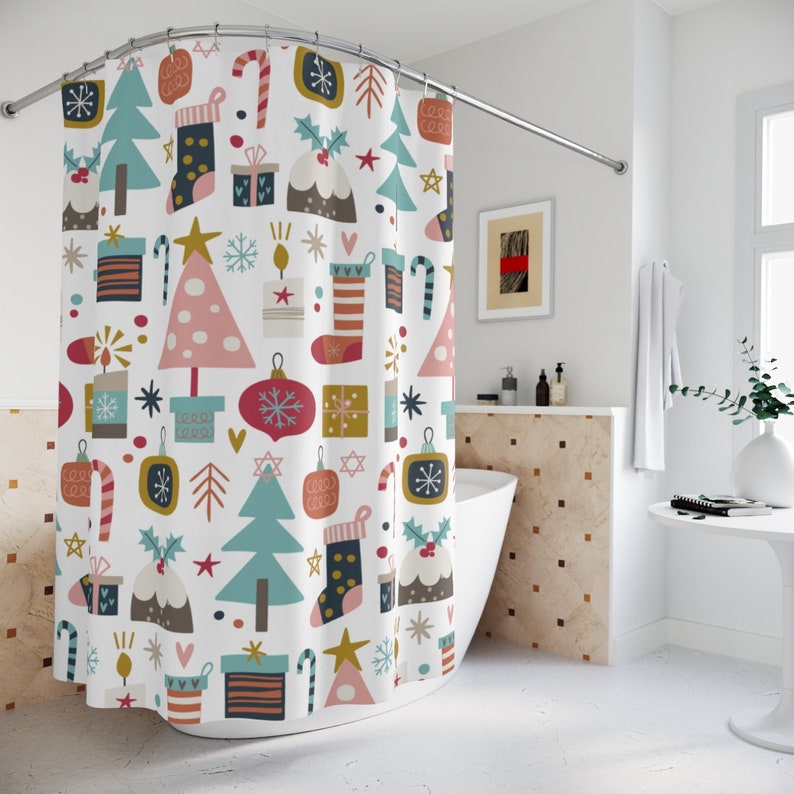 Colorful Cute Christmas Shower Curtain Boho Christmas Bath Etsy