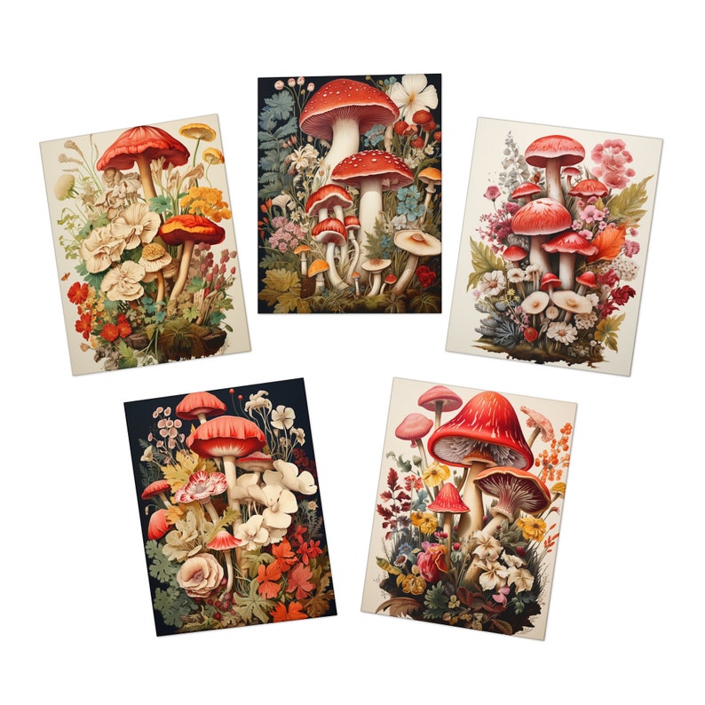 Mushroom Botanical Art Greeting Cards blank 5-pack 5 Different Designs ...