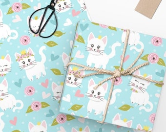 Cat Themed Wrapping Paper | Cat Lover Blue and Pink Gift Wrap