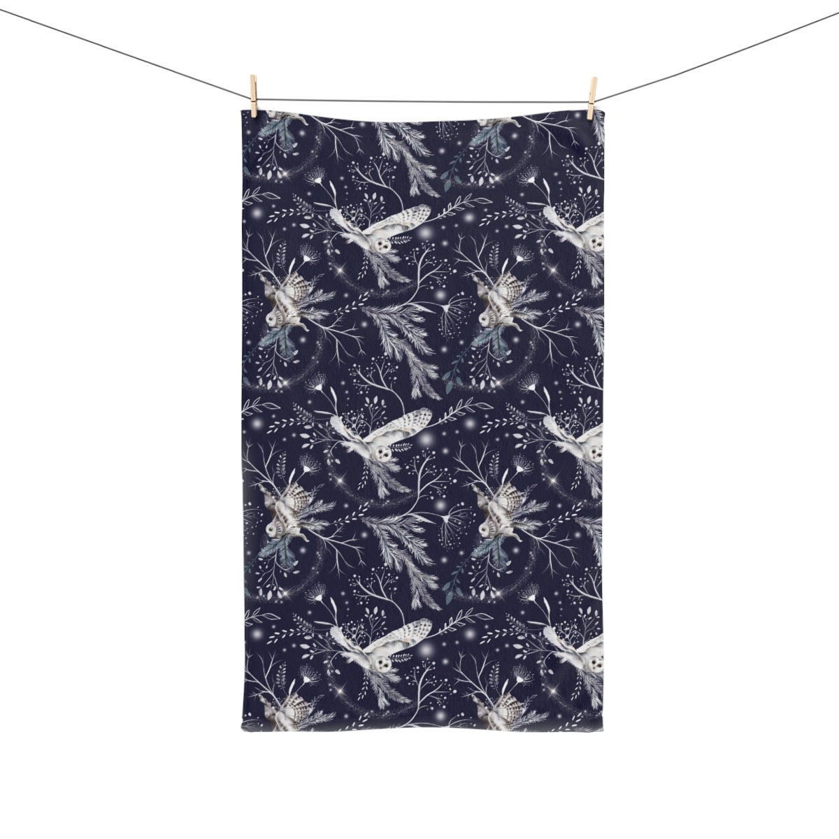 White Owl Christmas Hand Towel | Winter Owl Towel | Midnight Blue Magical Style Hand Towel