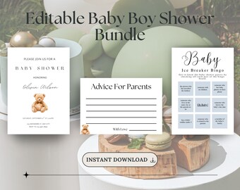 Teddy Bear Baby Shower Bundle, Editable Baby Shower Invitation & Games, Neutral Baby Shower Canva Template, Printable Download