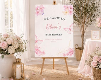 Butterfly Baby Shower Welcome Sign, Pink Baby Girl Welcome Sign, Editable Canva Template, Floral Baby Shower Decor