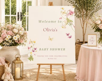 Spring Baby Shower Welcome Sign, Butterfly Baby Shower Welcome Sign, Wildflower Baby Shower Decor, Editable Canva Template
