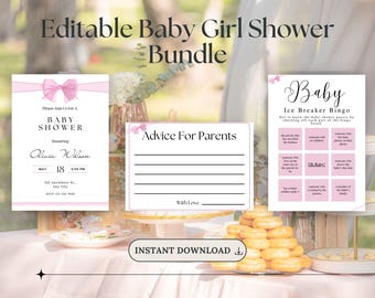 Pink Bow Baby Girl Shower Bundle, Editable Baby Shower Invitation, Baby Shower Games, Advice Cards, Canva Template