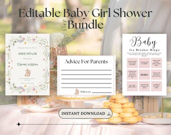 Wildflower Baby Girl Shower Bundle, Bunny Baby Shower Invitation, Woodland Baby Shower Games, Editable Canva Template