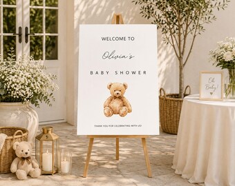 Minimal Teddy Bear Baby Shower Welcome Sign, Baby Boy Welcome Sign, Editable Canva Template, Neutral Baby Shower Decor