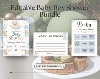 Teddy Bear Baby Shower Bundle, Baby Boy Shower Invitation & Games, Blue Baby Shower Bundle, Bear Baby Shower, Neutral Baby Shower Canva