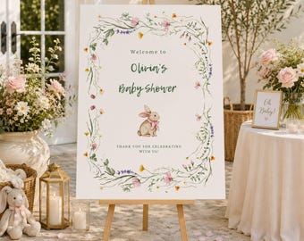 Bunny Baby Shower Welcome Sign, Baby Girl Welcome Sign, Wildflower Baby Shower Decor, Editable Canva Welcome Sign Template