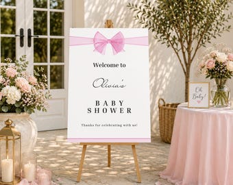 Pink Bow Baby Shower Welcome Sign, Baby Girl Shower Welcome Sign, Coquette Baby Shower Decor, Editable Canva Template