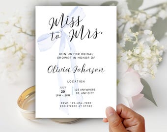Miss to Mrs. Bridal Shower Invitation, Blue Bow Wedding Shower Invite, Editable Canva Template, Instant Download