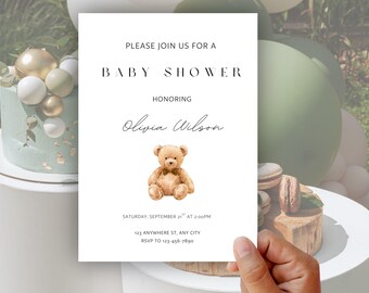 Teddy Bear Baby Shower Invitation, Editable Baby Shower Invite, Neutral Baby Shower Canva Template, Printable, Instant Download