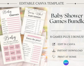Butterfly Baby Shower Games Bundle, Pink Baby Shower Games, Floral Baby Girl Games, Editable Canva Template, Printable Games