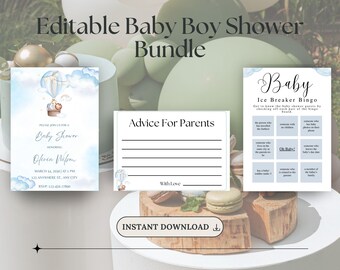 Blue Baby Shower Games Bundle, Editable Baby Boy Shower Games, Hot Air Balloon Baby Shower, Canva Template, Printable, Instant Download