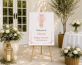 Pink Teddy Bear Baby Shower Welcome Sign, Girl Baby Shower Welcome Sign, Editable Canva Template, Bow Baby Shower Decor