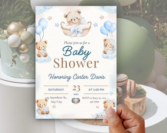 Teddy Bear Baby Shower Invitation, Baby Boy Shower Invite, Blue Baby Shower Invite, Bear Baby Shower, Neutral Baby Shower, Editable Canva