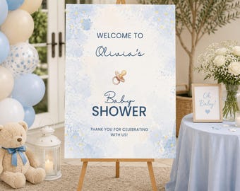 Blue Baby Shower Welcome Sign, Baby Boy Welcome Sign, Editable Canva Template, Printable Baby Shower Decor, Instant Download