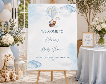 Safari Baby Shower Welcome Sign, Jungle Baby Shower Decor, Blue Baby Shower Welcome Sign, Editable Canva Template, Hot Air Balloon